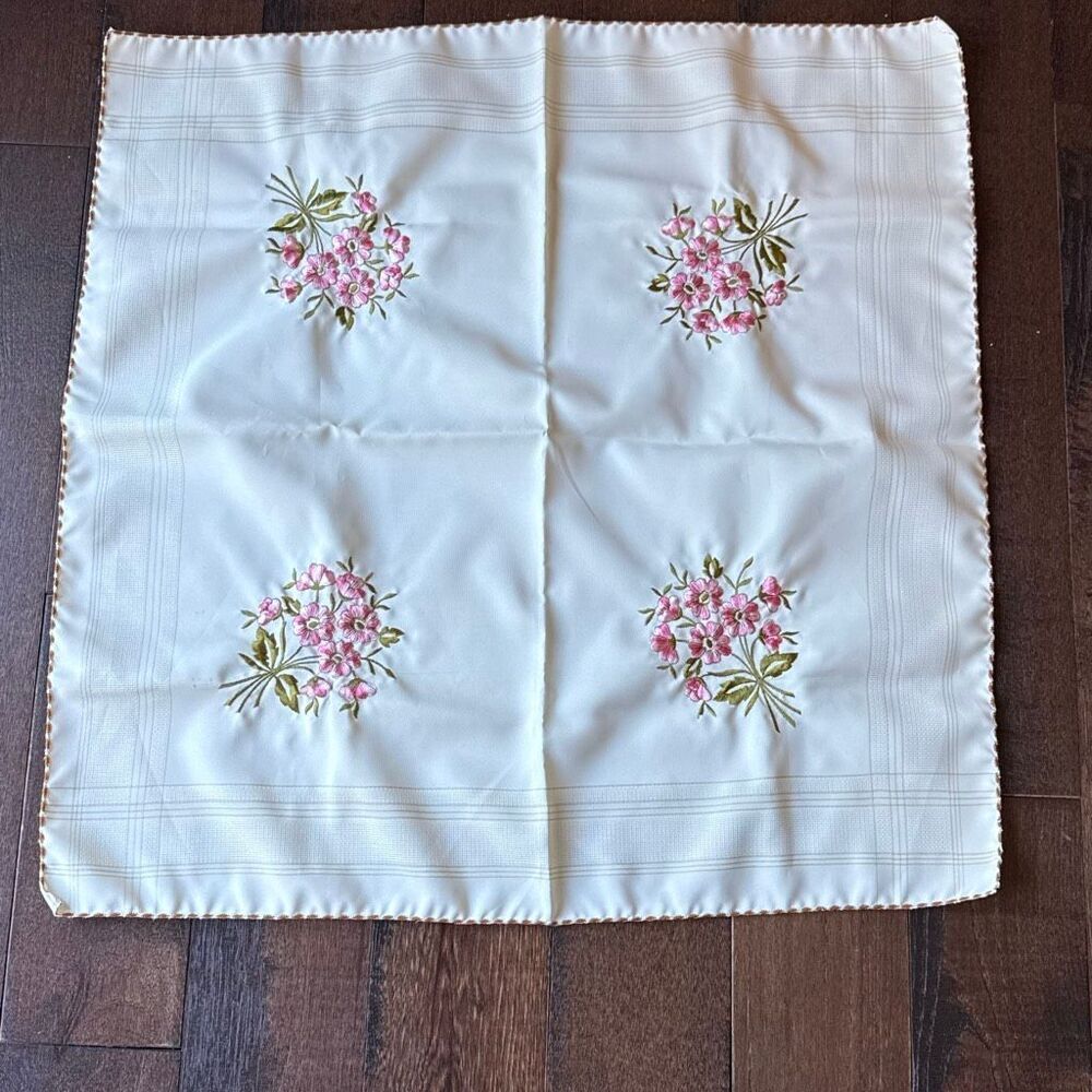 Vintage handmade napkin handkerchief cream‎ with embroidered pink flowers shabby